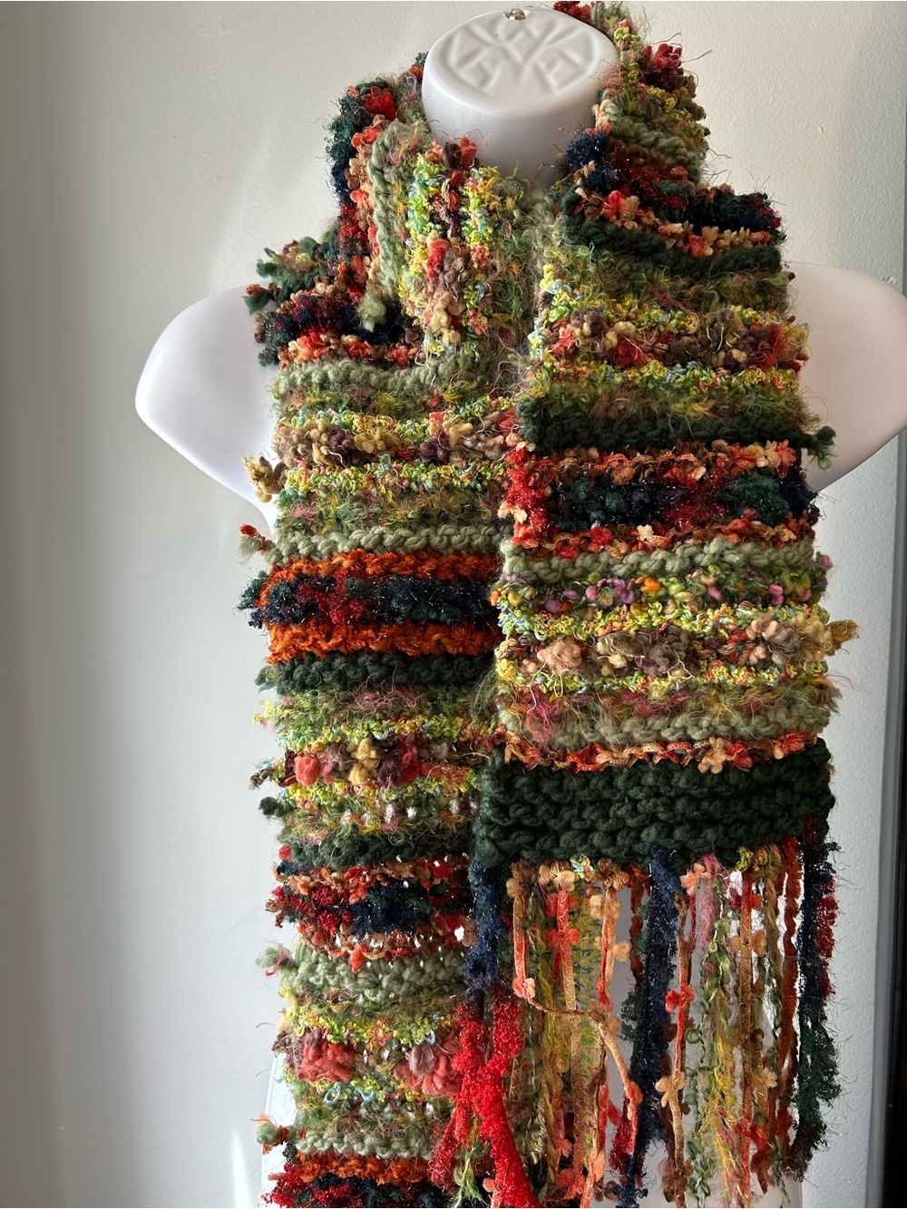 Handmade Multicolor Textured Knit Scarf - Green Accent